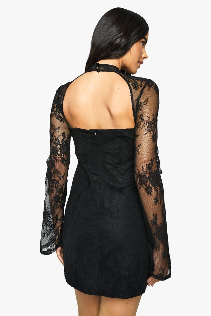 boohoo Dames Premium Hoge Halslijn Kant Gestructureerde Mini-jurk | Zwart | Maat: 40