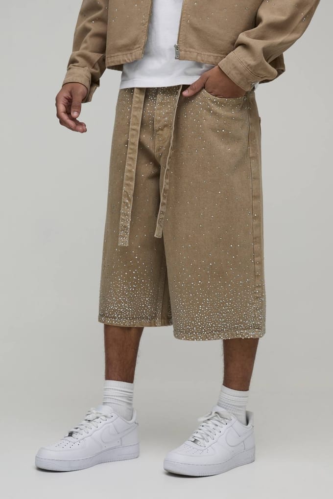 Gewassen Relaxed Fit Jeans Short Met Riem En Strass | Khaki | Size 30