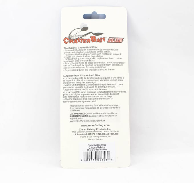Zman Chatterbait Elite 1/2 oz Zinkende Kunstaaskaart Wit (1539) white