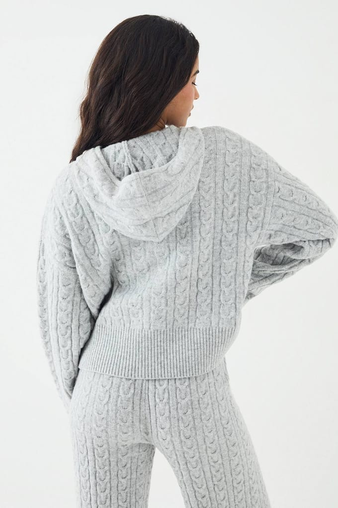 Dames DSGN Studio Kabelgebreide Hoodie met Rits | Ash Grey | Maat: 2XL