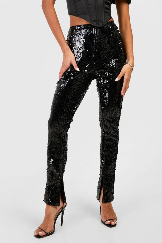 boohoo Dames Paillettenbroek met medium taille en gespleten zoom | Black | Maat: 6