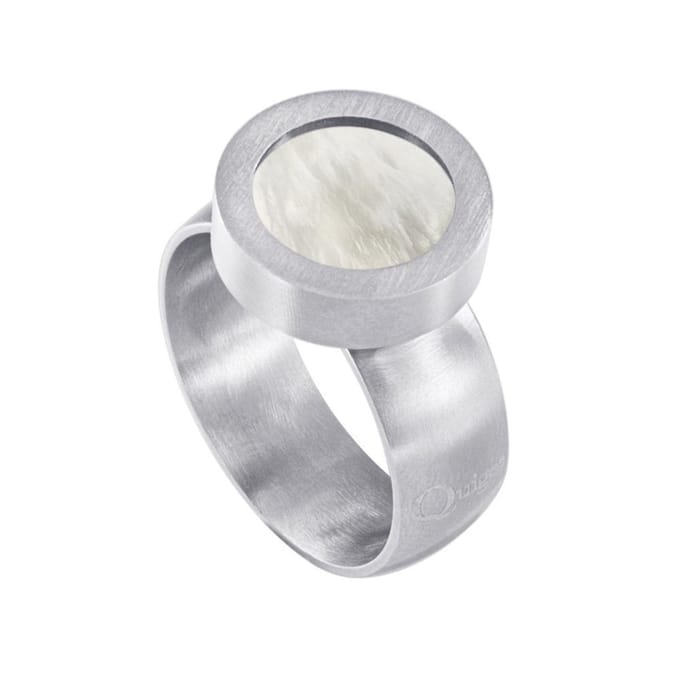 Quiges RVS Schroefsysteem Ring Zilverkleurig Mat 18mm met Verwisselbare Beige Schelp 12mm Mini Munt