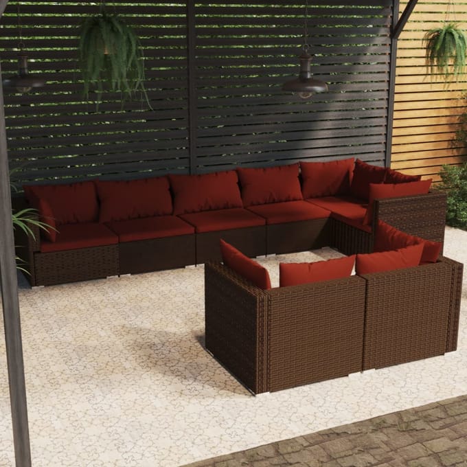 vidaXL - 8-delige - Loungeset - met - kussens - poly - rattan - bruin
