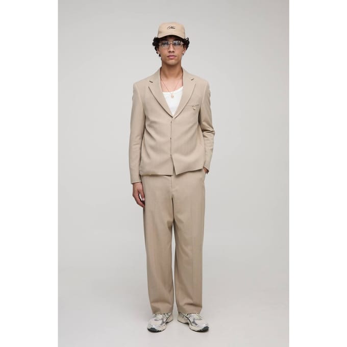 Oversized Boxy Herringbone Suit Blazer | Stone | Size Medium