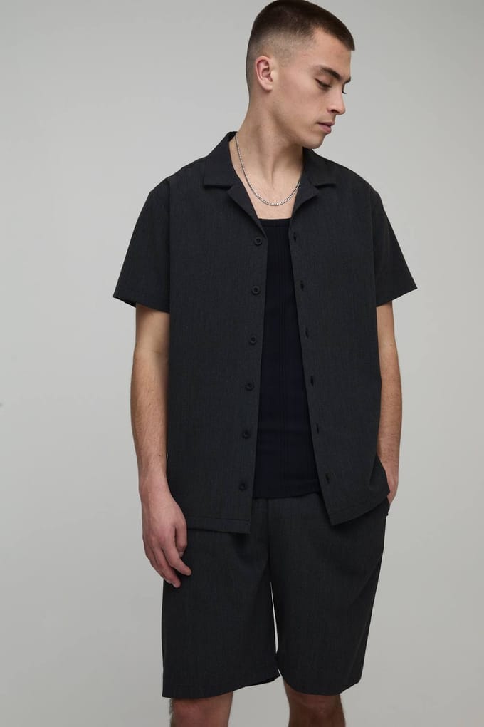 Regular Fit Seersucker Streep Overhemd & Shorts Set | Black | Size Medium