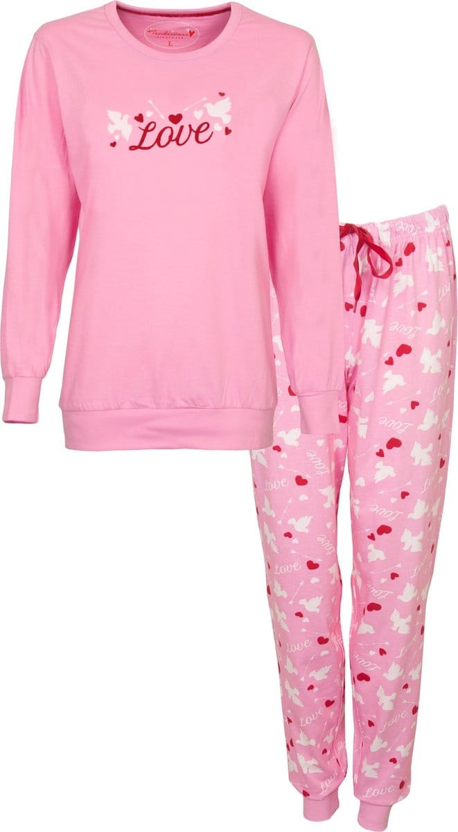 Tenderness Dames Pyjama - Katoen - Hartjes - Zacht Roze - Maat XXL