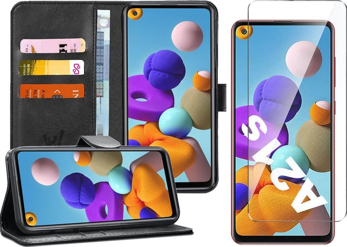Hoesje geschikt voor Samsung Galaxy A21s - Screen Protector GlassGuard - Book Case Kunstleer Pasjeshouder Zwart & Screenprotector