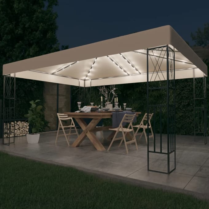 vidaXL - Prieel - met - LED-lichtslinger - 3x4 - m - stof - crèmekleurig