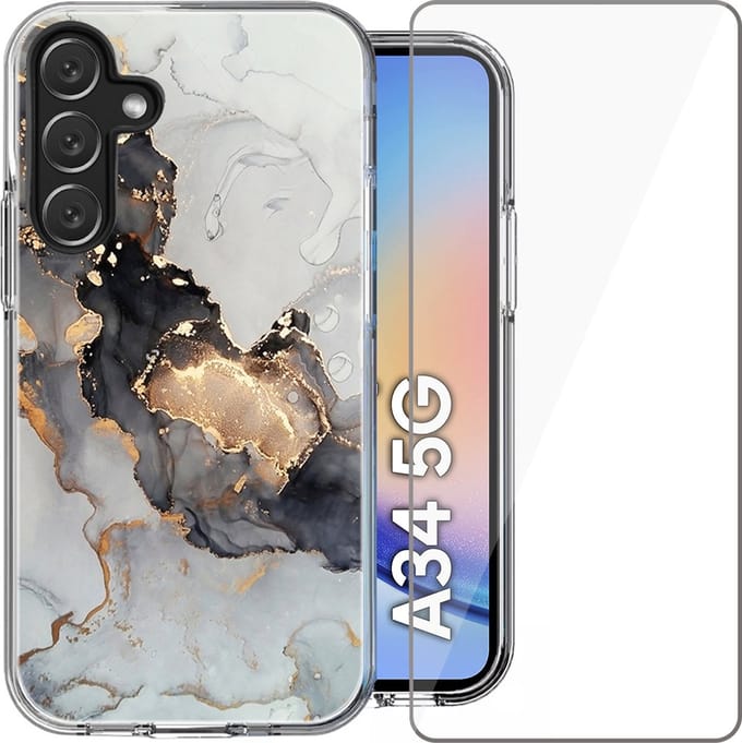 Hoesje geschikt voor Samsung Galaxy A34 - Screen Protector Glas - Back Cover Marmer Siliconen Case Wit & Screenprotector