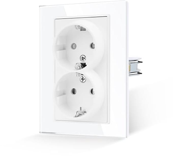 Solidchoice - Dubbel Stopcontact met Haken, Gehard Glas, Wit