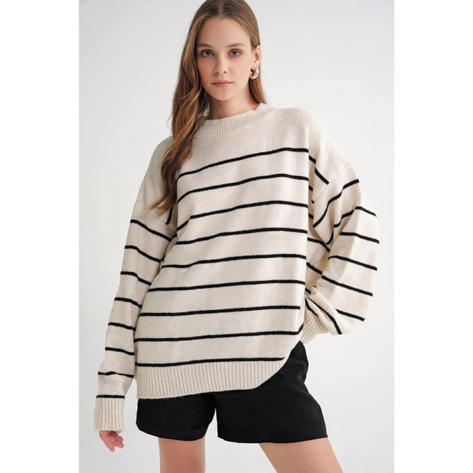 Gestreepte Crew Neck Relaxed Gebreide Pullover Trui