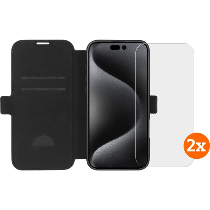 BlueBuilt Apple iPhone 16 Pro Max Book Case Leer Zwart + Screenprotector Glas Duo Pack