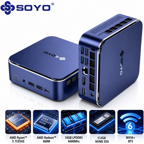 SOYO S5Air mini-pc, AMD Ryzen 5 7535HS mini-pc Windows 11 Pro (6 kernen 12 threads, tot 4,55 GHz) 16 GB LPDDR5 512 GB NVME SSD minicomputer   AMD