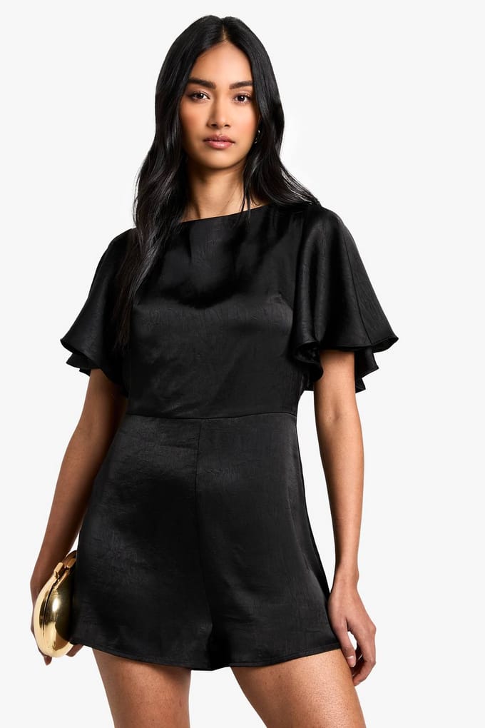 boohoo Dames Tie Back Angel Sleeve Playsuit | Black | Maat: 8