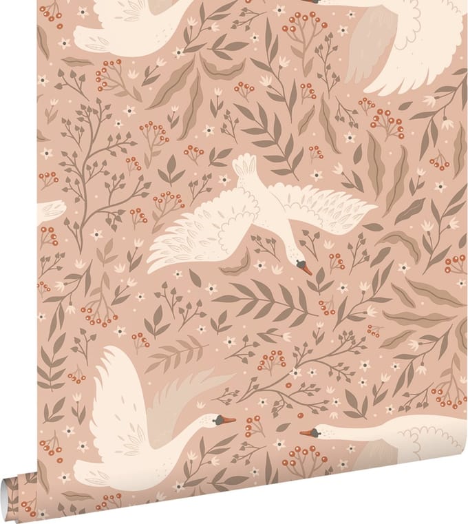 ESTAhome behang zwanen terracotta roze - 53 cm x 10.05 m - 130957