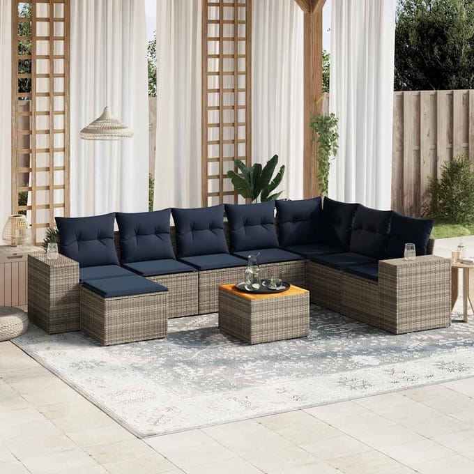 vidaXL - 9-delige - tuinbankset - met - kussens, - grijs - polyrotan