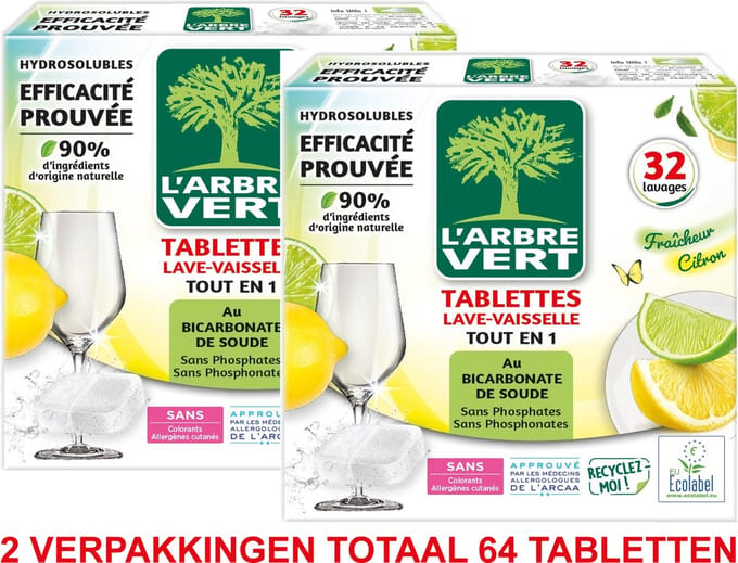 L'arbre vert Vaatwastabletten Alles in 1 Citroen - 2 verpakkingen - 64 Doses