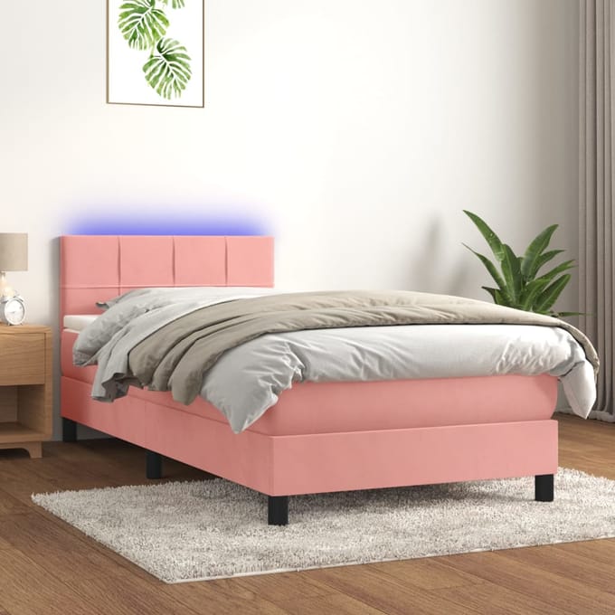 vidaXL - Boxspring - met - matras - en - LED - fluweel - roze - 80x200 - cm