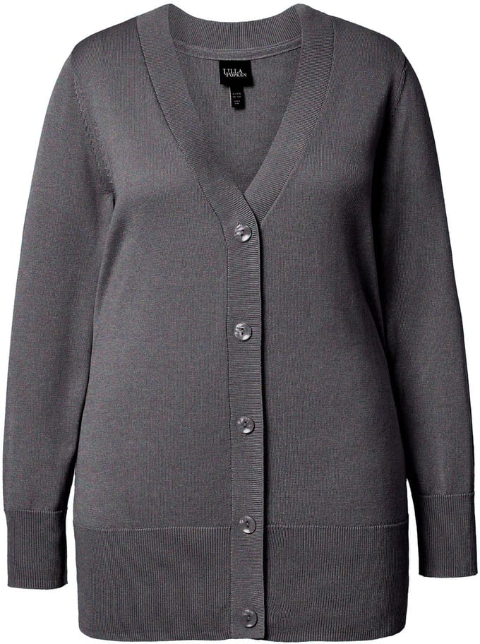 Ulla Popken - Dames - Vest V-hals knoopsluiting fijn breisel - Antraciet melange - Maat 46+