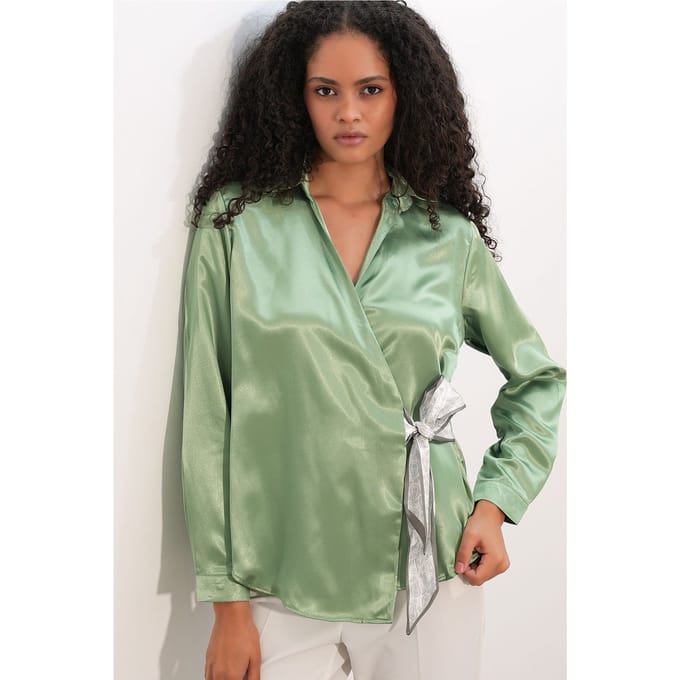 Dames Satin Strik-Voorkant Shirt
