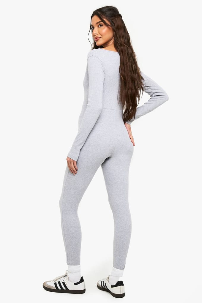 boohoo Dames Basic Rib Plunge Unitard Jumpsuit | Grijs | Maat: 40