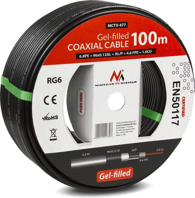 Antenne coaxiale gelkabel RG6 100M Maclean MCTV-477 1.0CU + 4.6FPE + AL / P + 96 * 0.12AL + 6.8PE
