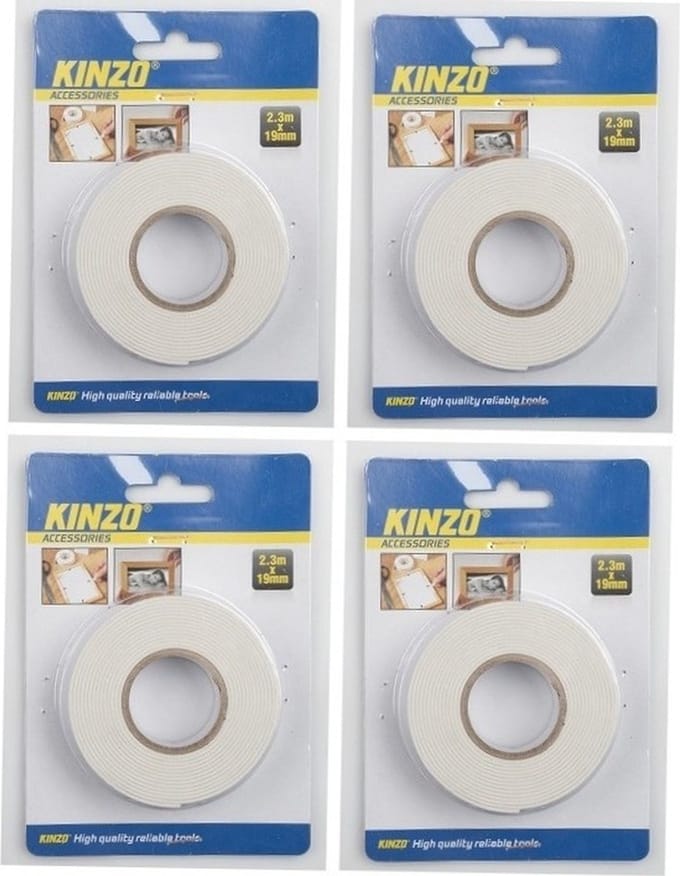 Kinzo Dubbelzijdig tape - 4x rol - 19 mm x 2,3 meter - wit
