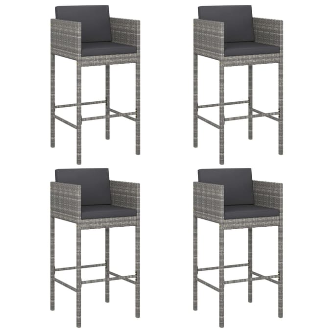 vidaXL Barkrukken 4 st met kussens poly rattan grijs
