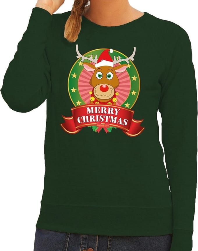 Foute kersttrui / sweater Rudolf - groen - Merry Christmas voor dames S