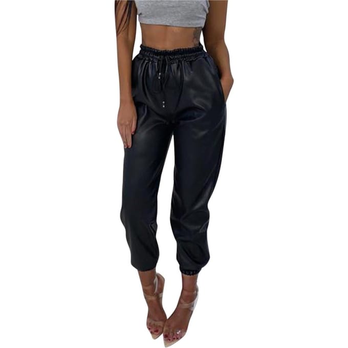 Pantalon de jogging taille haute en simili cuir pour femme M noir