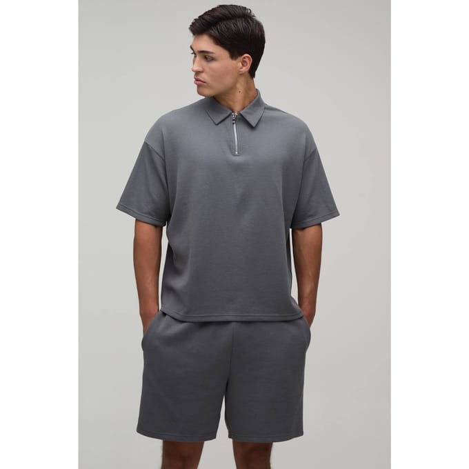 Oversized Boxy Waffle Zip Neck Polo & Baggy Shorts Set | Charcoal | Size XL
