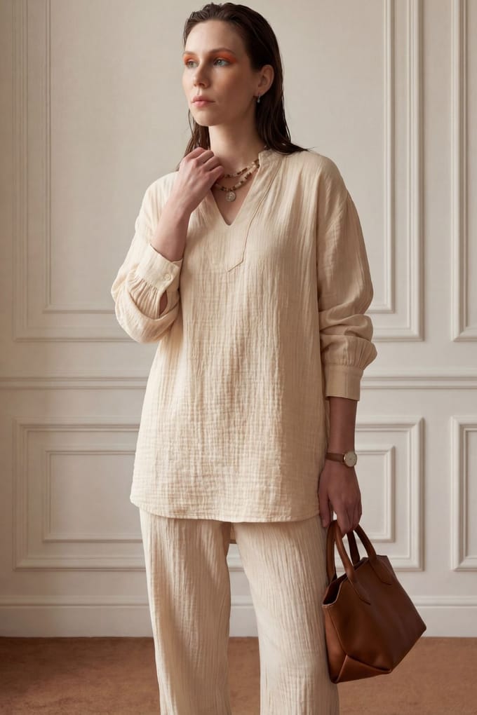 V-hals Blouse & Wijde Pantalon Muslin Twee-delig Set