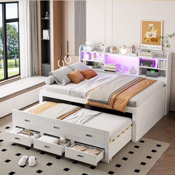 MODFU Bedframe 140x200 cm – Met LED, USB/Type-C, 3 lades en uitschuifbed – Wit – Van MDF en spaanplaat