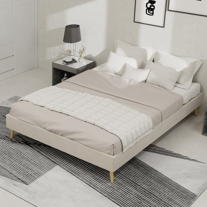 MODFU - Bedframe 140x200 cm – Dutch fluweel – Volledig gestoffeerd – Beige