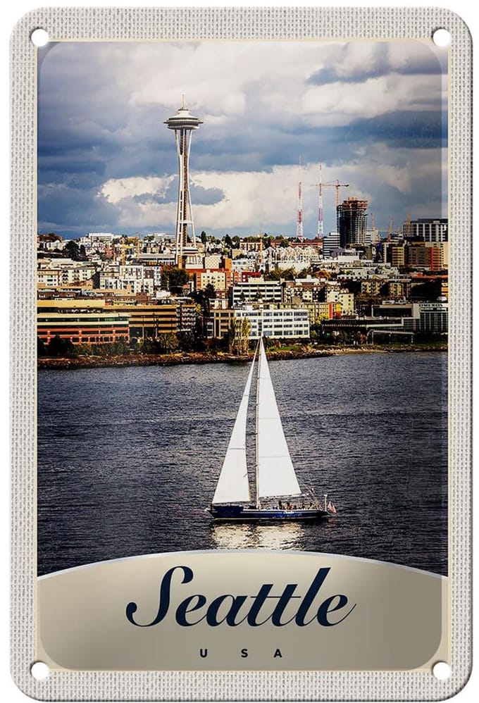 Blechschild Reise 12x18cm Seattle USA Boot Schiff Stadt Meer Schild