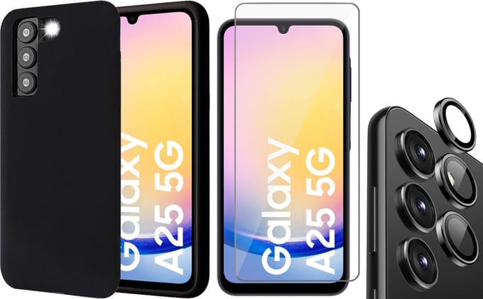 Hoesje geschikt voor Samsung Galaxy A25 / A24 - Screenprotector Glas & Camera Protector - Mat Back Case Zwart