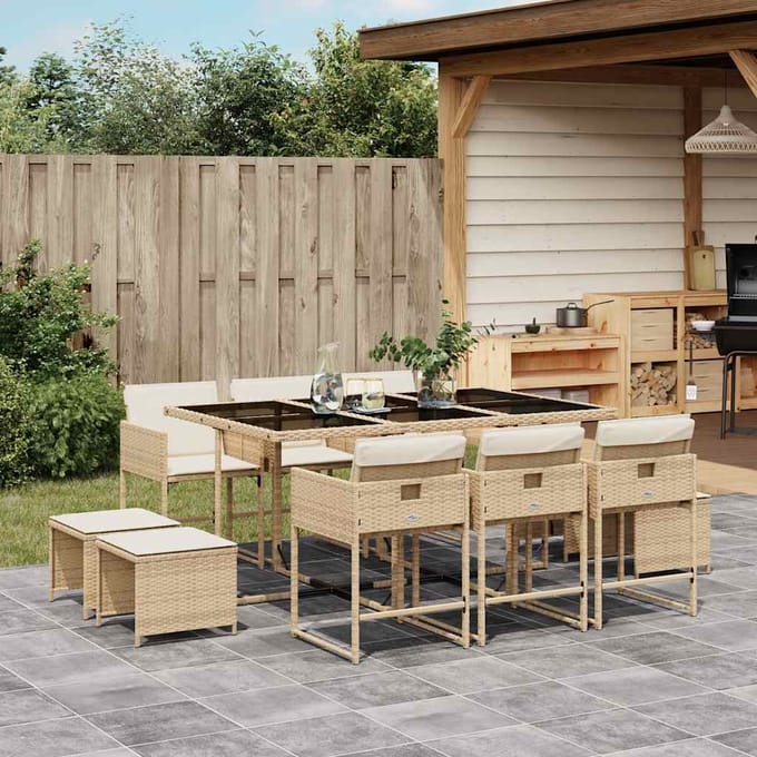 vidaXL - 11-delige - Tuinset - met - kussens - poly - rattan - beige