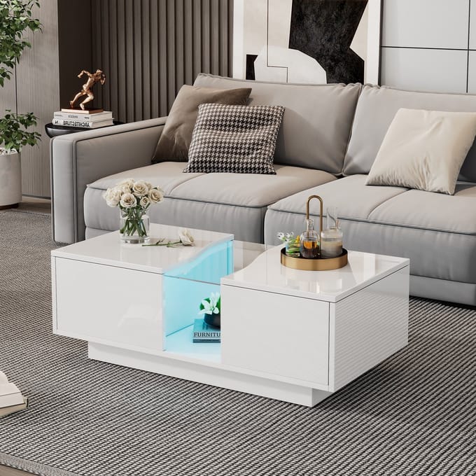 LED Salontafel - 100 x 50 x 35 cm - 2 Lades en LED Licht - Hoogglans Witte Beistelltisch - MDF - Wit