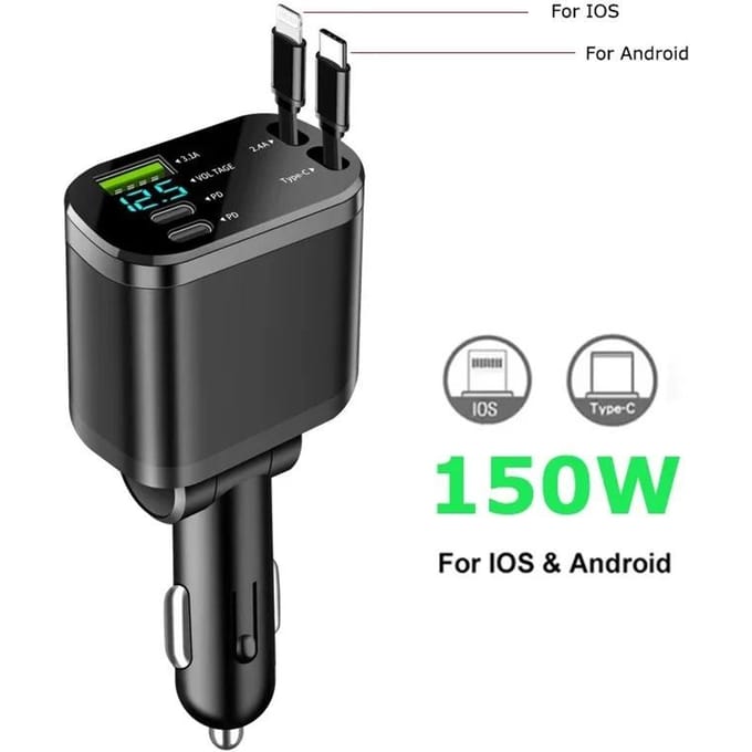 5-in-1 150W Autolader met 2 Intrekbare Kabels USB Type C Supersnellader Adapter met Spanningsweergave voor iPhone & Android