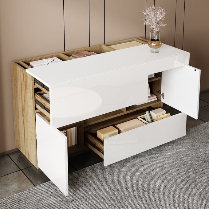 Hoogglans dressoir - zijkast -glazen kast - met LED-verlichting - met lades