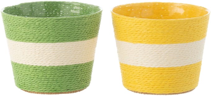 J-Line bloempot Touwtjes Streep - papier - geel/groen - small - 2 st. - Ø 13.5 cm
