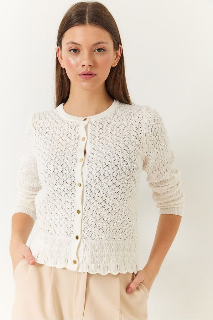Textuurgeweven Katoenen Geribbelde Cardigan met Knopen Sluiting