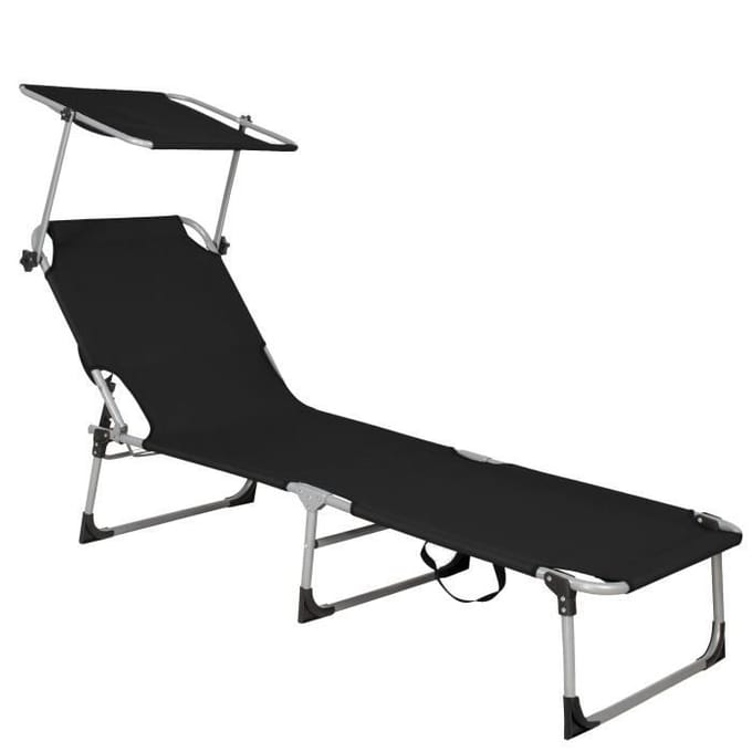 Chaise longue - SPRINGOS - Pliante avec pare-soleil - 188 x 57 cm - Métal - Noir noir