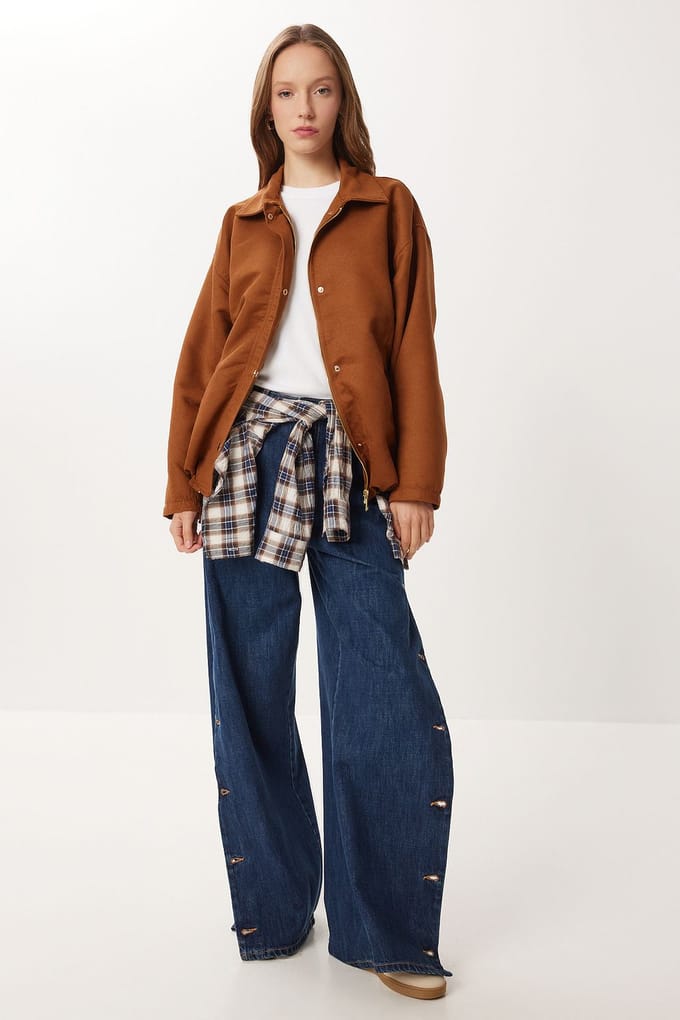 Oversized Gabardine Jas met Rits Sluiting