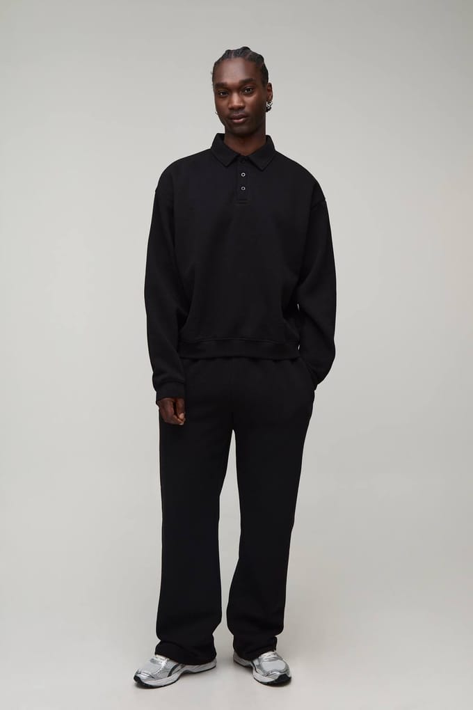 Lang Oversized Boxy Rugbyshirt En Rechte Pijp Joggingbroek | Black | Size Small