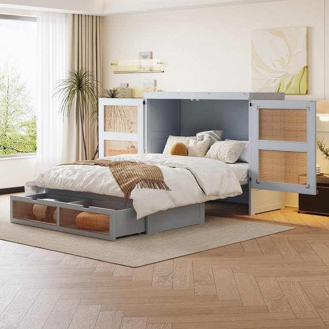 REDOM Bedframe 140x200 cm – Wandklapbed met rattan-deuren & opbergruimte – Hout/MDF – Grijs
