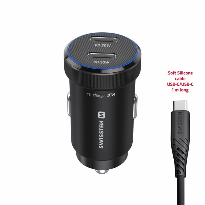 Swissten Dual USB-C Mini Autolader 20W met USB-C Kabel – Zwart