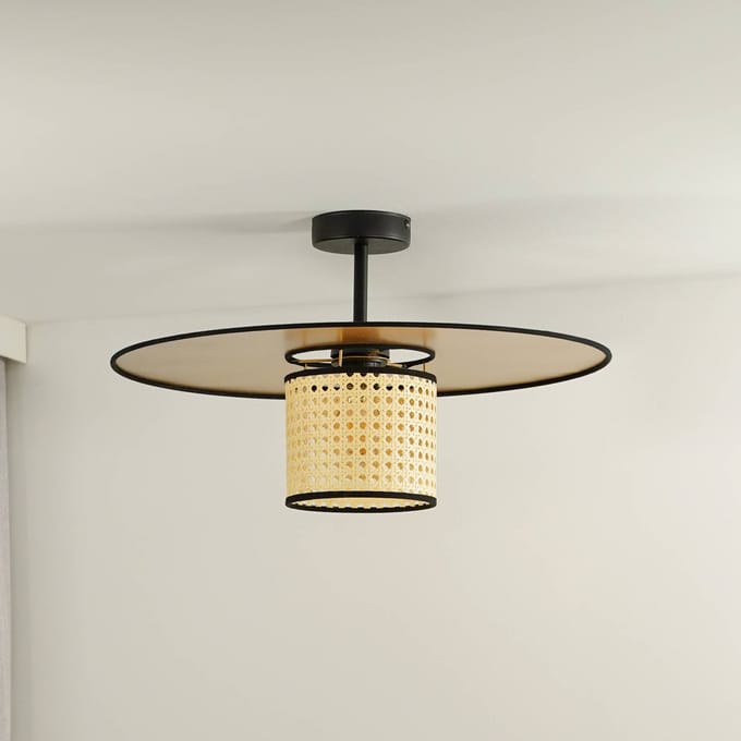 Euluna plafondlamp Manila, goudkleurig, rotan, Ø 50 cm
