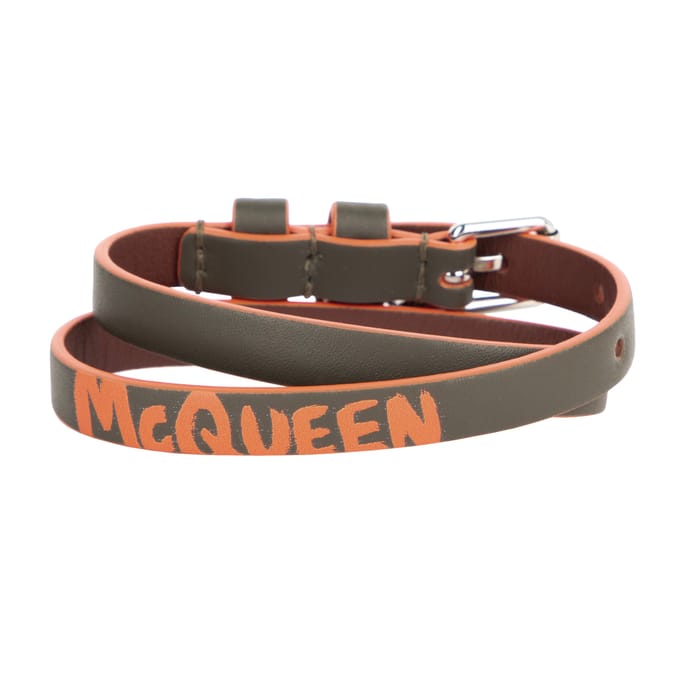 Alexander McQueen Heren Graffiti Skull Leren Wrap Armband in groen