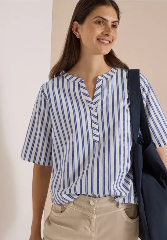 Blouse met halflange mouwen, split in de hals en strepen